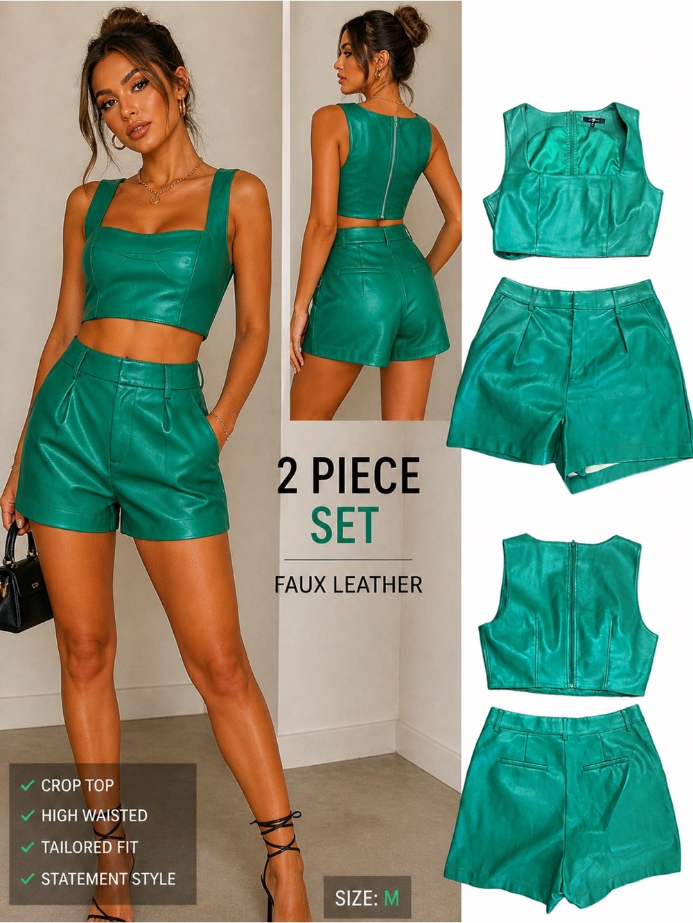 Emerald Green Faux Leather Two Piece Set Crop Top & High Waisted Shorts Size M